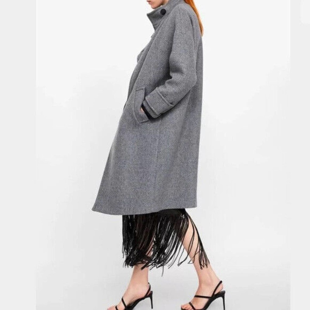 Zara Basic Asymmetric Button Coat Wool Blend Gray Women's Size XL - Picture 9 of 10